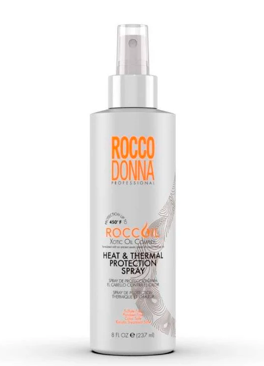 Rocco Donna Spray de protección térmica y térmica, protege contra daños por calor hasta 450 °F, nutre y añade brillo, control de encrespamiento, complejo de aceite Xotic Roccoil y aceite de argán, todo tipo de cabello, 8 onzas